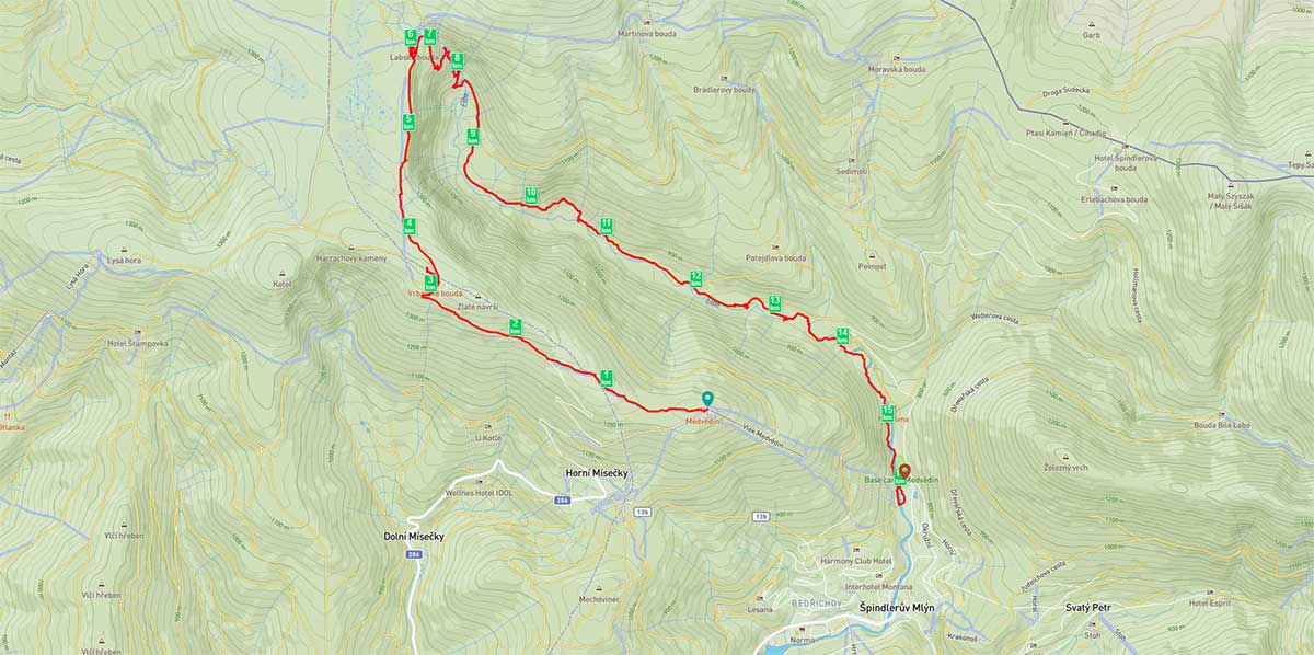 Wandelroute Medvědín - Špindlerův Mlýn Wandelroute Medvědín - Špindlerův Mlýn